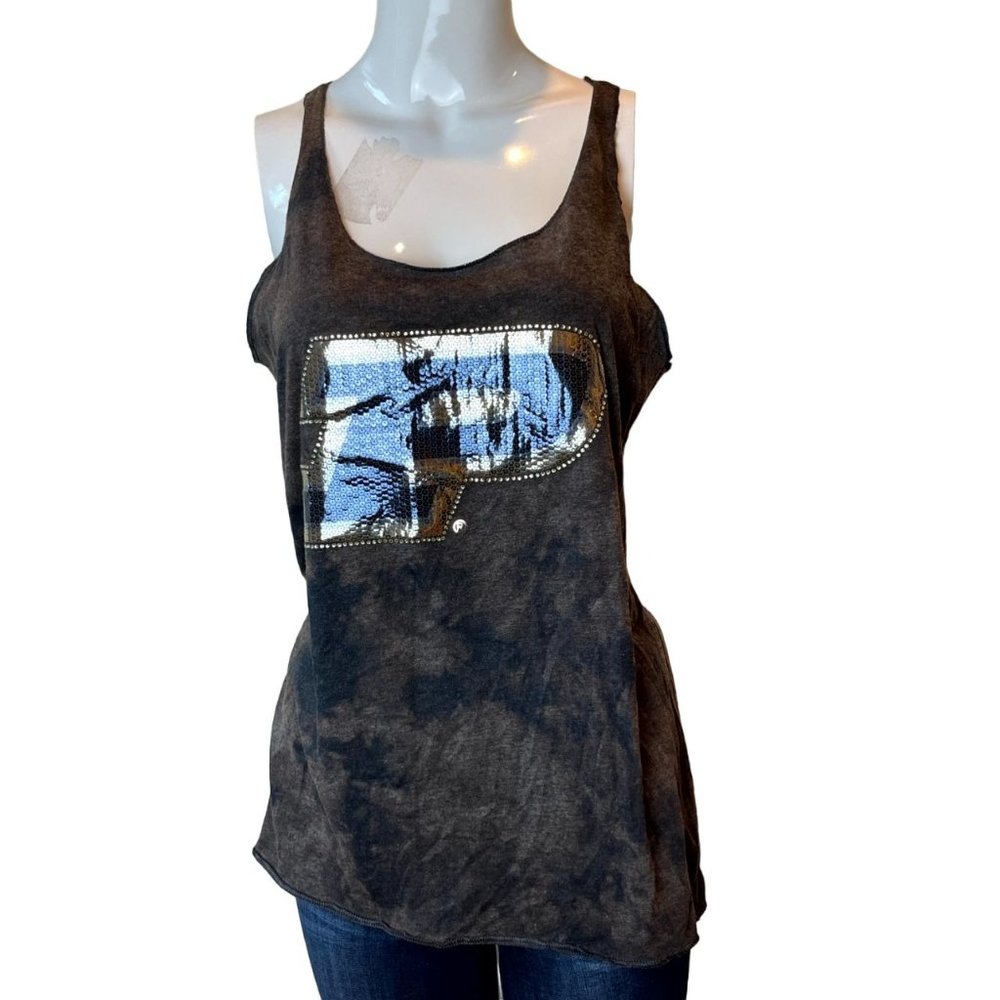 Game Day Women Racerback Tank Top Tie Dye Sleeveless Beaded Black Brown Size L